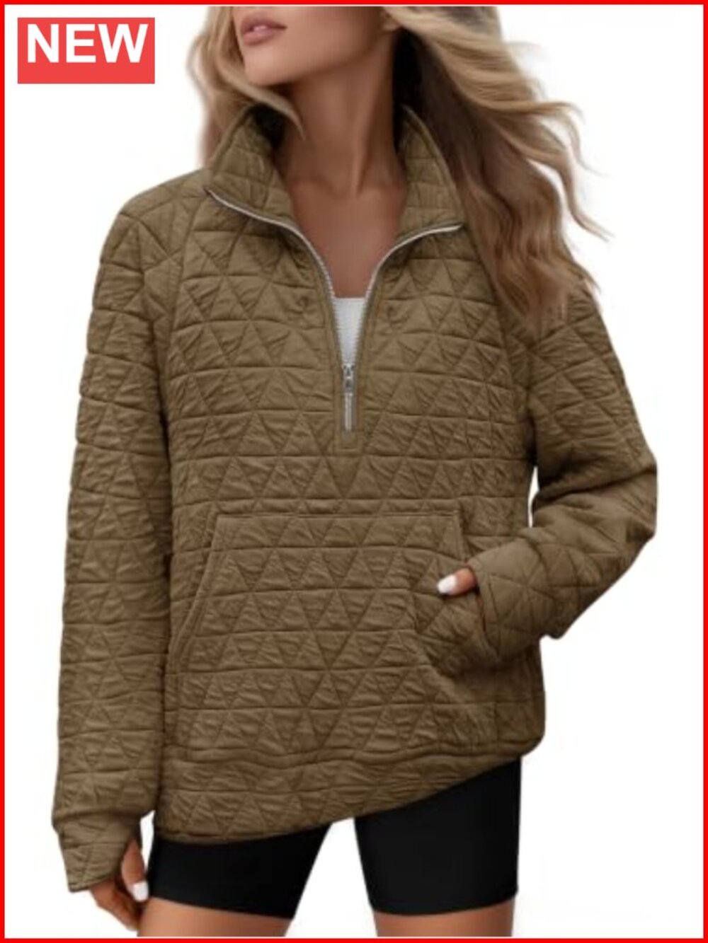 Women's Quilted Quarter Zip Pullover Sweatshirt with Pocket and Thumbholes